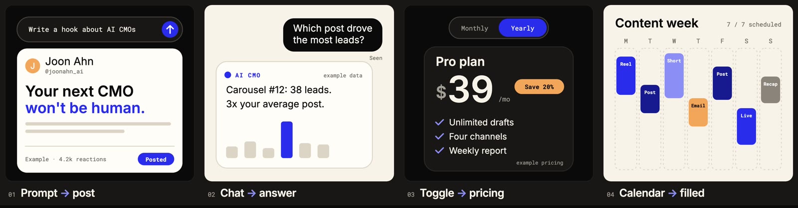 Prompt to post, chat to answer, toggle to pricing, calendar filled