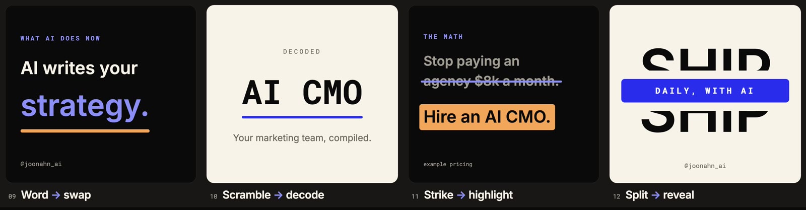 Word swap, scramble decode, strike and highlight, split reveal